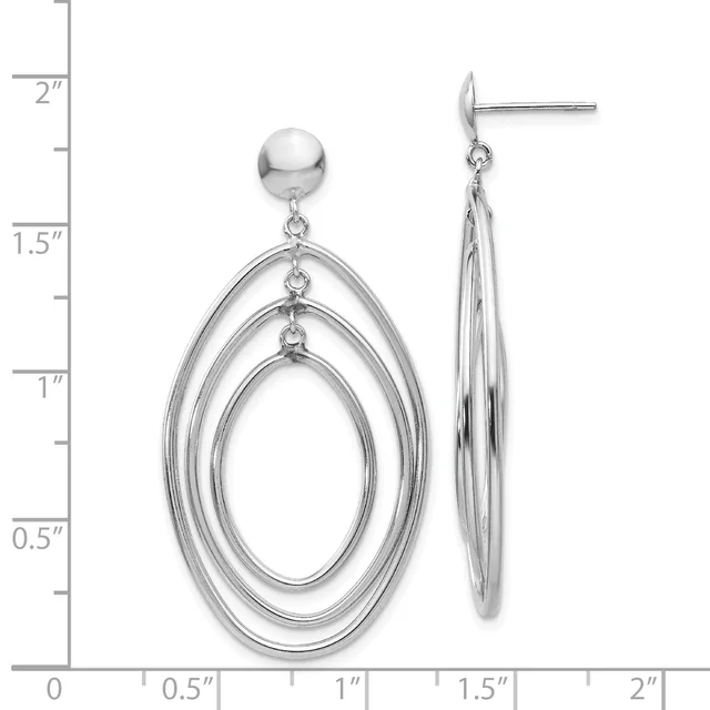 Polished silver-toned drop earrings with concentric oval rings suspended from a ball post, shown front and side view with a measurement scale.