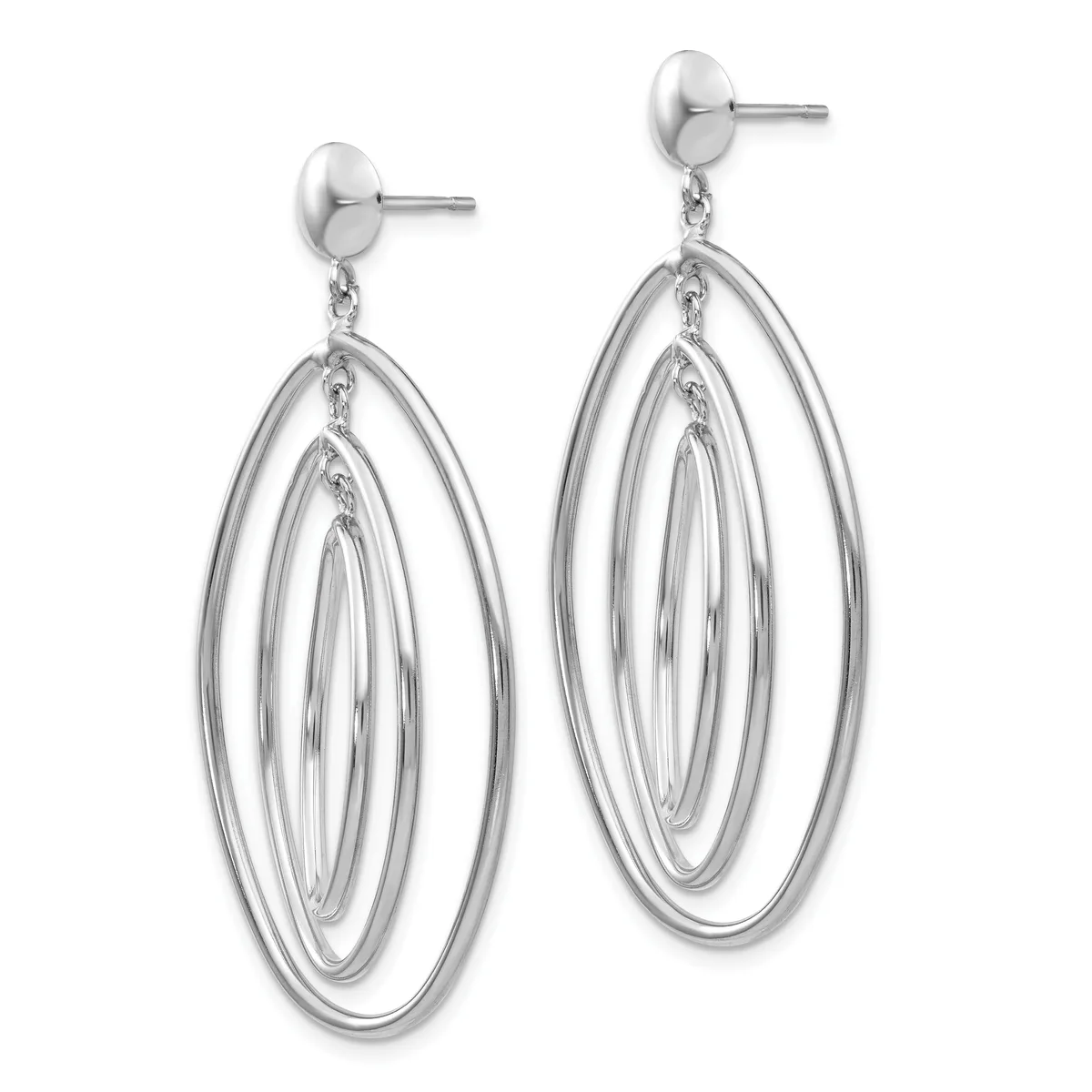 Pair of silver-toned dangle earrings with nested oval loops in graduated sizes, suspended from post and ball studs.