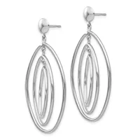 Pair of silver-toned dangle earrings with nested oval loops in graduated sizes, suspended from post and ball studs.