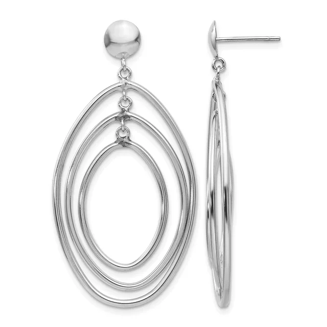 Pair of silver-tone dangle earrings with nested oval rings suspended from polished ball studs, shown from front and side views.
