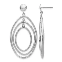 Pair of silver-tone dangle earrings with nested oval rings suspended from polished ball studs, shown from front and side views.
