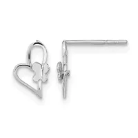 Pair of silver heart-shaped earrings with decorative loops at the top, shown from front and side views against a white background.