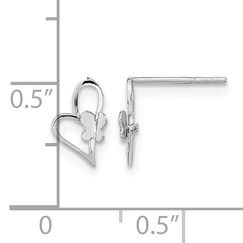 Pair of silver heart-shaped earrings with lever backs, shown front and side view with a measurement scale indicating approximately 0.5 inches in height.