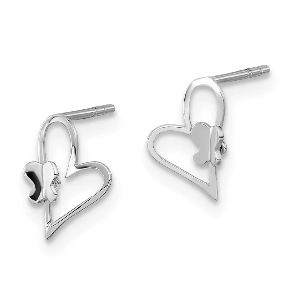 A pair of silver heart-shaped earrings with small circular elements, displayed at angles against a white background.