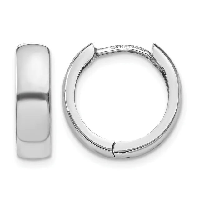 A pair of polished silver huggie hoop earrings shown from front and side views, featuring a chunky curved design with a hinged closure.