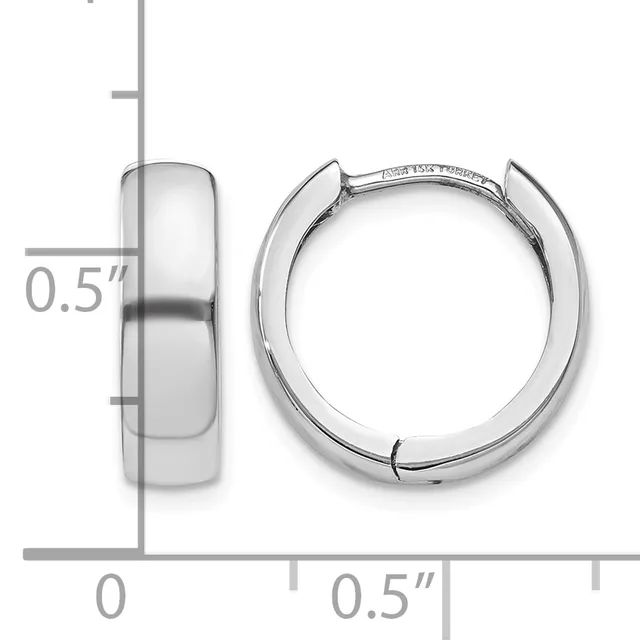 A pair of polished silver hoop earrings with a half-inch width, shown from front and side views with a measurement scale.