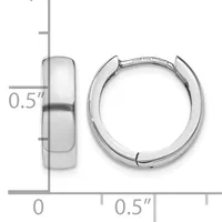 A pair of polished silver hoop earrings with a half-inch width, shown from front and side views with a measurement scale.