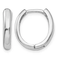 A pair of polished silver-colored chunky oval hoop earrings with a smooth, rounded finish, shown from the front and side view.