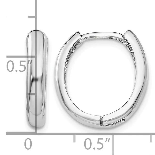 A pair of polished silver-colored chunky oval hoop earrings with a measurement scale showing approximately 0.5 inches in height and width.