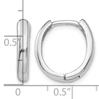 A pair of polished silver-colored chunky oval hoop earrings with a measurement scale showing approximately 0.5 inches in height and width.
