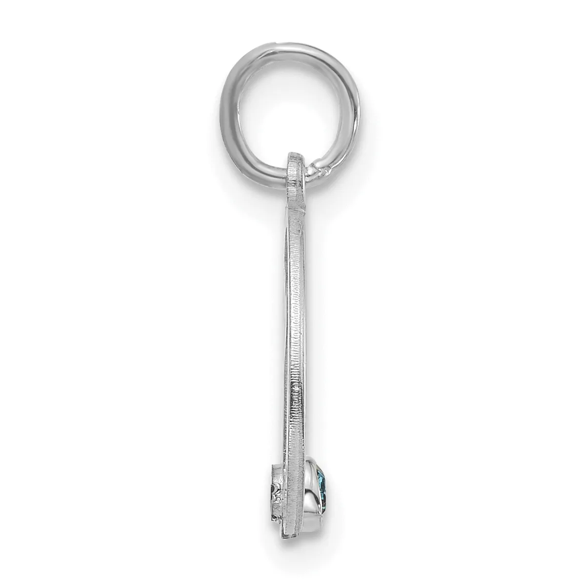 A silver charm holder pendant consisting of a round loop at the top connected to a long rectangular bail with textured surface detail and a small clasp mechanism at the bottom.
