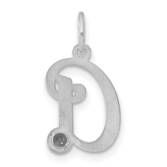 Silver pendant shaped like the letter D with a small loop at the top for hanging and a small round stone set at the bottom.