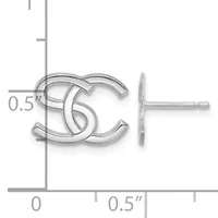 Silver stud earrings with interlocking curved design, shown actual size on a measurement scale indicating approximately 0.5 inches wide.
