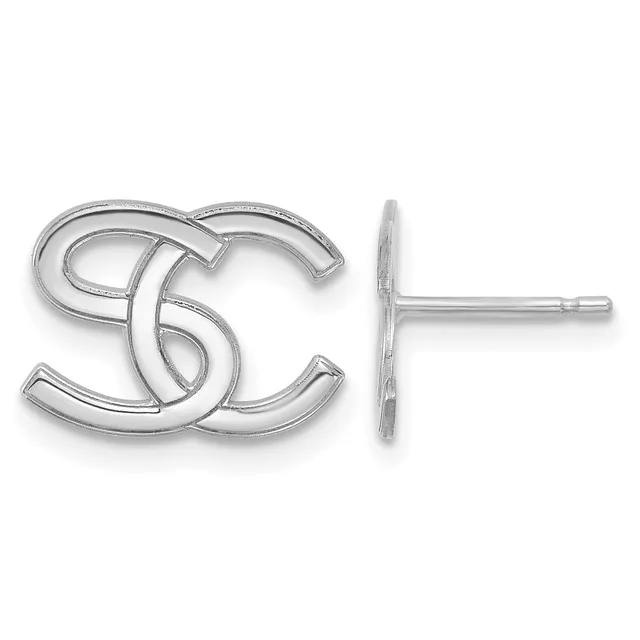 Silver-toned stud earrings featuring an interlocking curved design, shown from front and side views.