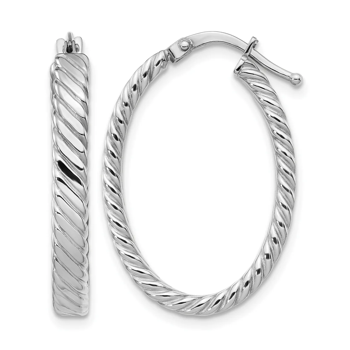 A pair of silver twisted hoop earrings with diagonal ridged texture throughout, displayed with one earring shown from the front and one from the side, featuring toggle clasp closures.