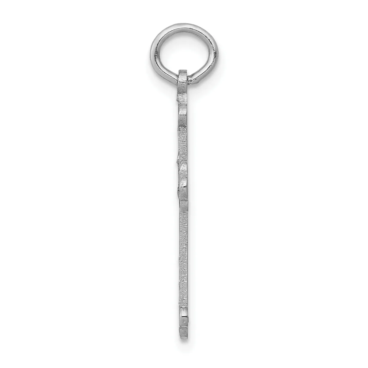 A long silver chain pendant with a textured surface and a circular ring attachment at the top, displayed vertically against a white background.