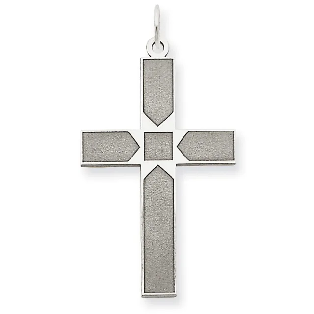 Silver cross pendant with a geometric design featuring a central square surrounded by four rectangular sections with pointed ends, suspended from a bail loop.