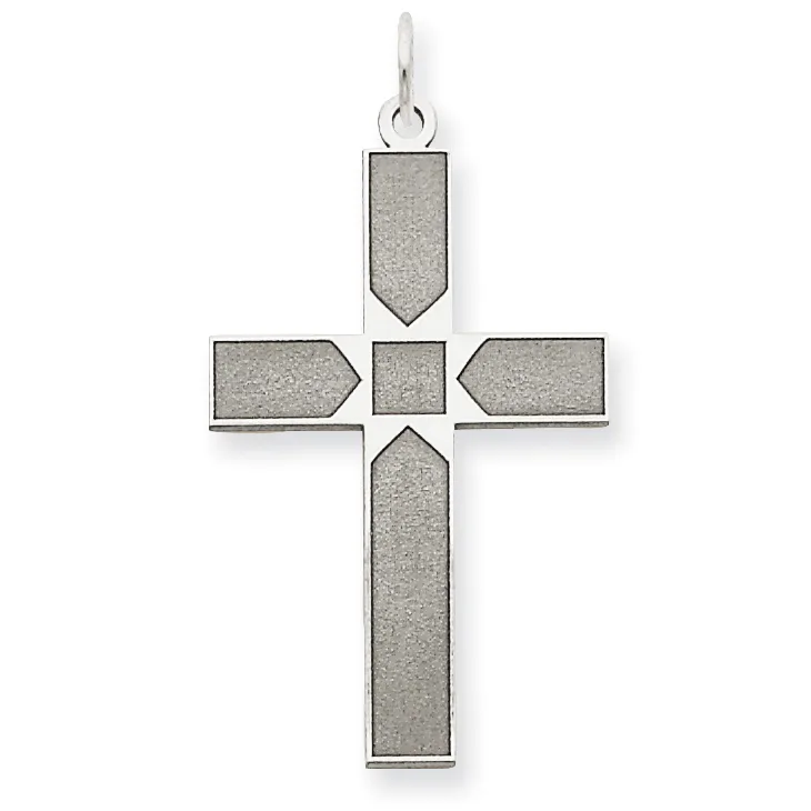 Silver cross pendant with a geometric design featuring a central square surrounded by four rectangular sections with pointed ends, suspended from a bail loop.