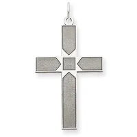 Silver cross pendant with a geometric design featuring a central square surrounded by four rectangular sections with pointed ends, suspended from a bail loop.