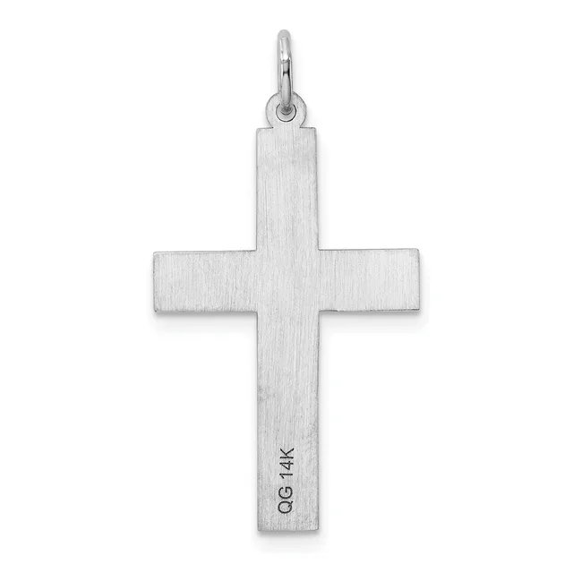 A plain silver cross pendant with a brushed finish and a small stamped hallmark on the lower portion, suspended from a bail loop.