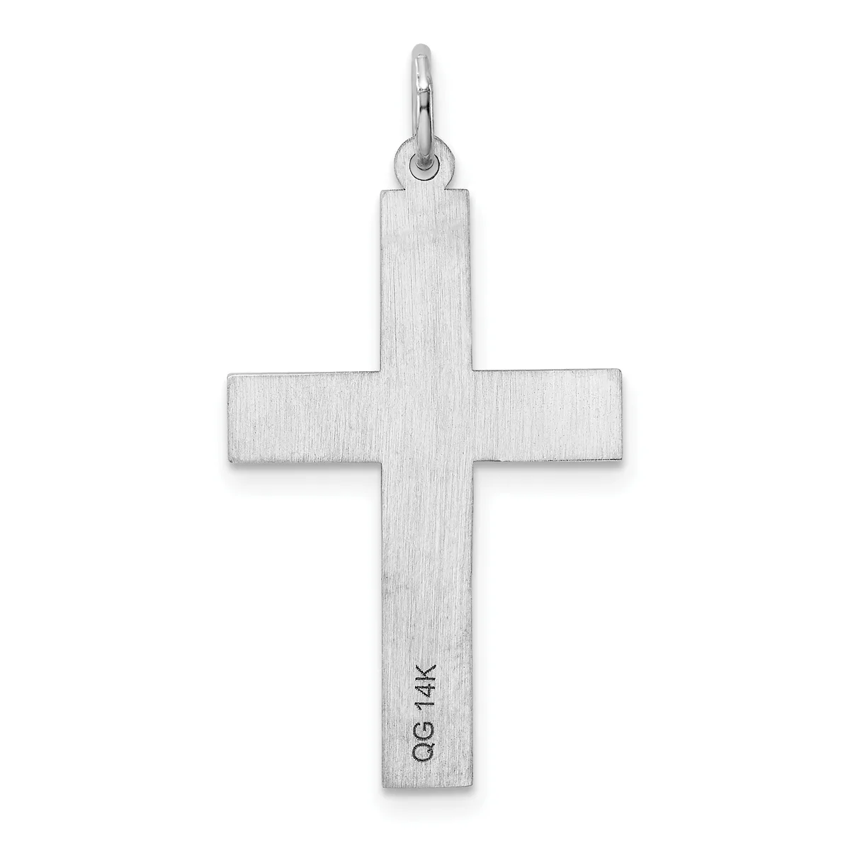 A plain silver cross pendant with a brushed finish and a small stamped hallmark on the lower portion, suspended from a bail loop.