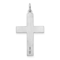 A plain silver cross pendant with a brushed finish and a small stamped hallmark on the lower portion, suspended from a bail loop.