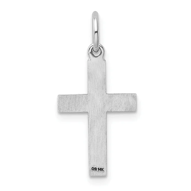 A plain silver cross pendant with a brushed finish and a small hallmark stamp, suspended from a silver bail loop.