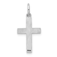 A plain silver cross pendant with a brushed finish and a small hallmark stamp, suspended from a silver bail loop.