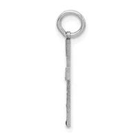 A silver pendant consisting of a round loop at the top connected to a long textured rectangular bar hanging below it.