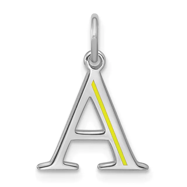 Silver letter A pendant with yellow enamel stripe on the right side, hanging from a silver loop bail.