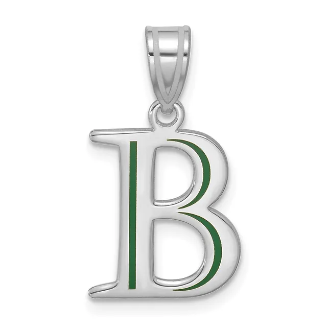 Silver pendant in the shape of the letter B with green enamel stripes, suspended from a bailed loop.