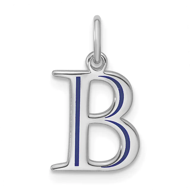 Silver letter B pendant with blue enamel accents on the curved portions, suspended from a small loop at the top.