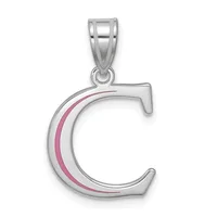 Silver letter C pendant with pink enamel stripe detail and attached bail loop, shown against white background.