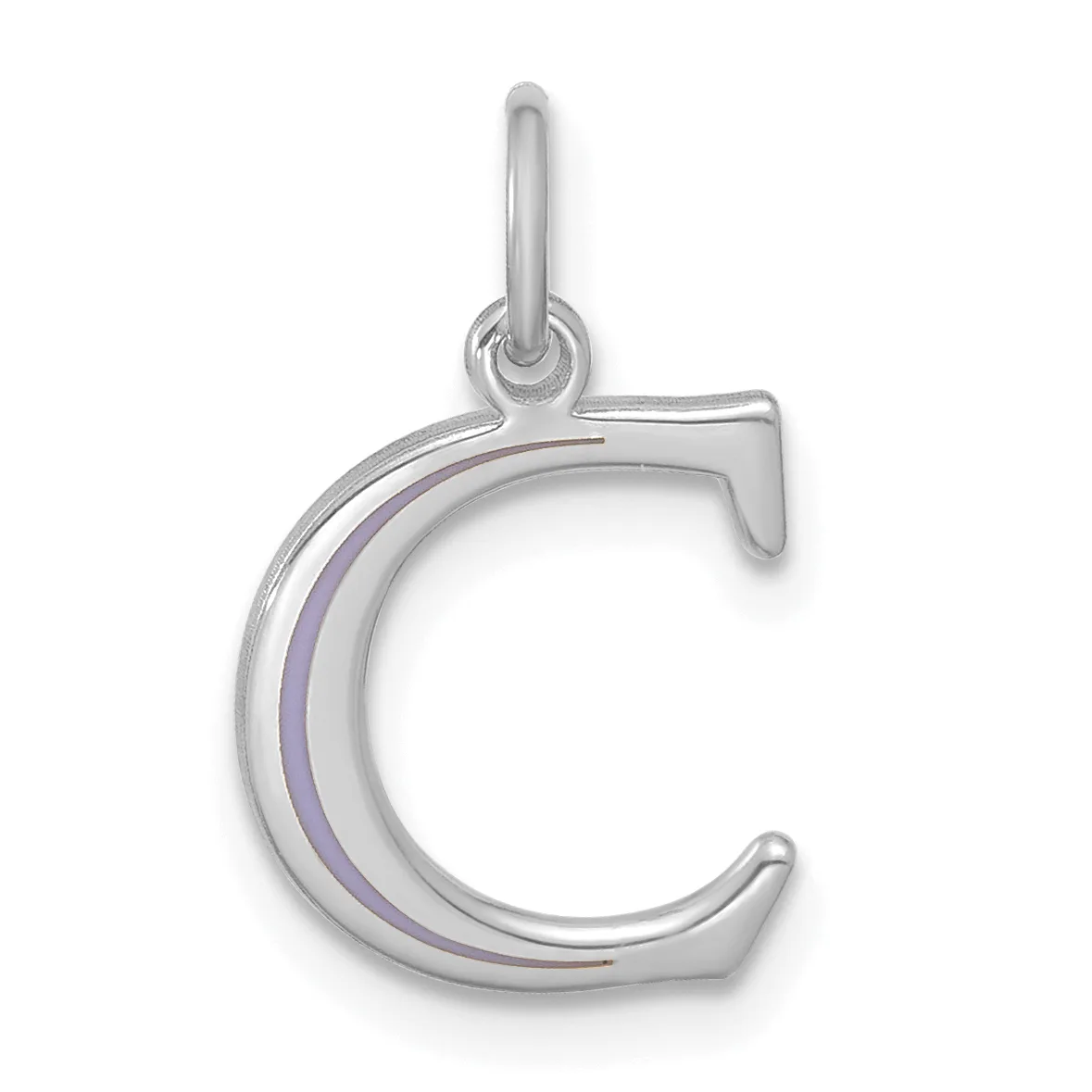 Sterling silver letter C charm with a loop bail at the top and a purple enamel stripe running through the center.