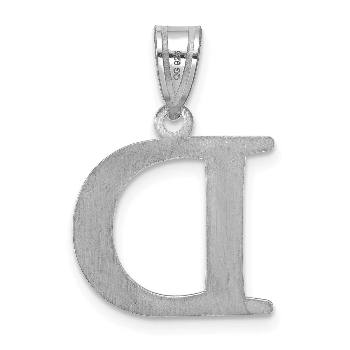 A silver letter "d" pendant with a brushed finish and a small looped bail at the top for attaching to a chain.