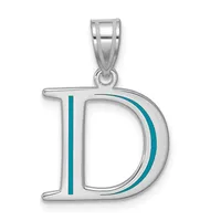 Silver letter D pendant with turquoise enamel accents on the vertical stroke and curved edge, suspended from a bail loop.