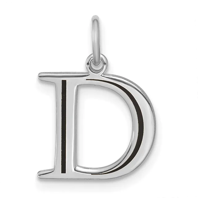 Silver letter D charm with a loop bail at the top and black enamel accents on the right curved portion of the letter.