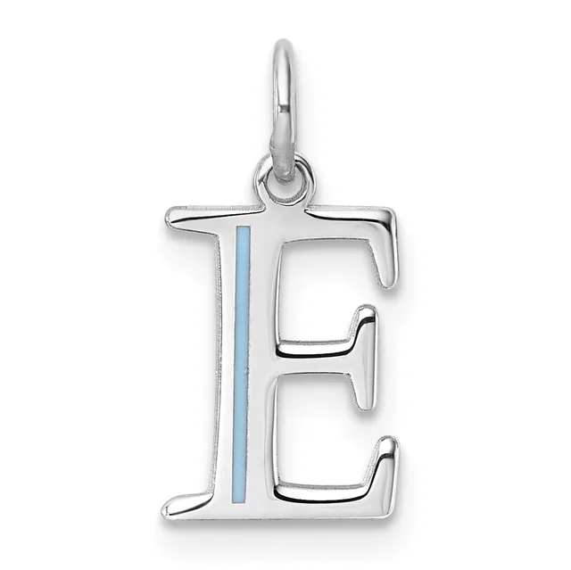 Silver letter E pendant with blue enamel stripe down the center, shown hanging from a silver loop bail.