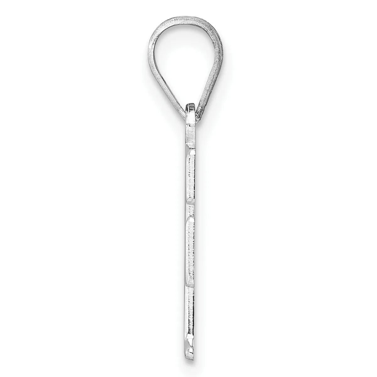 A long slender metal loop with a teardrop-shaped opening at the top and a small clasp mechanism near the bottom, displayed vertically against a white background.
