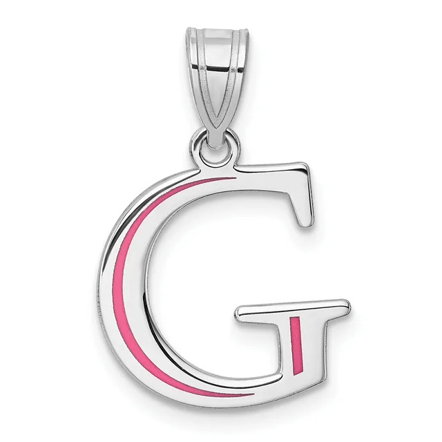 Silver letter G pendant with pink enamel accents on the curved portion and vertical bar, suspended from a silver bail.