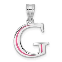 Silver letter G pendant with pink enamel accents on the curved portion and vertical bar, suspended from a silver bail.