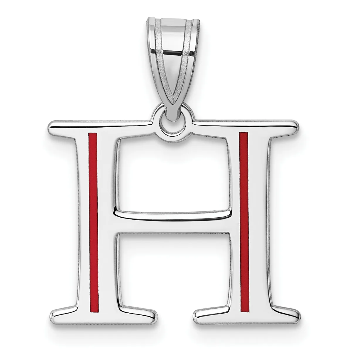 Silver pendant charm shaped like the letter H with red enamel vertical stripes, featuring a loop bail at the top for hanging on a chain.