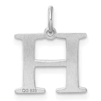 A sterling silver letter H pendant with a textured finish and a small stamped hallmark on the lower left, suspended from a thin bail loop.