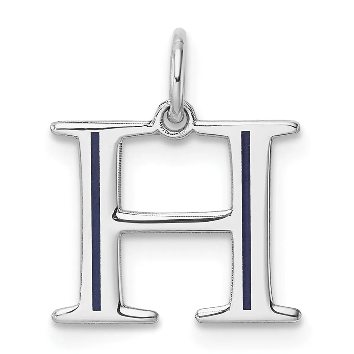 Silver letter H charm with navy blue enamel stripes on the sides and a loop bail at the top.