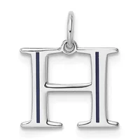 Silver letter H charm with navy blue enamel stripes on the sides and a loop bail at the top.