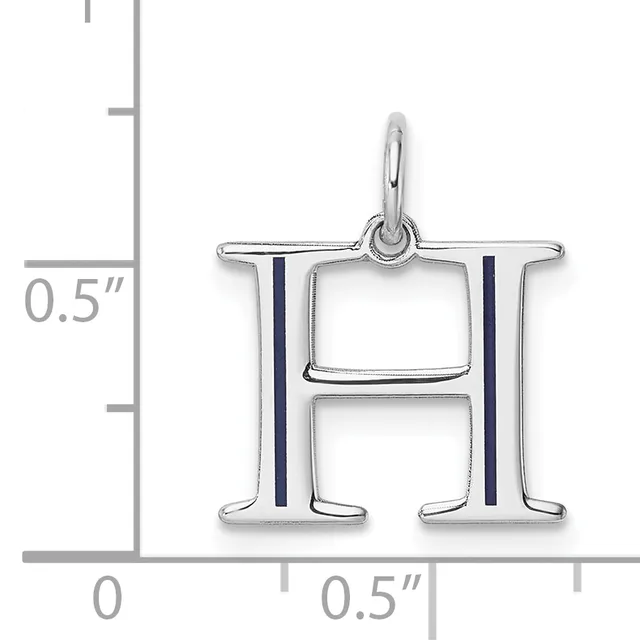 Silver letter H charm with dark blue enamel vertical stripes, shown next to a ruler indicating approximately half an inch in height.