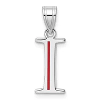 Silver cross pendant with red enamel stripe down the center, suspended from a silver bail.