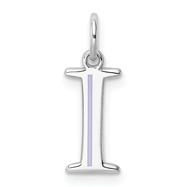 A sterling silver pendant shaped like the letter "I" with a light purple vertical stripe down the center, suspended from a small oval loop.