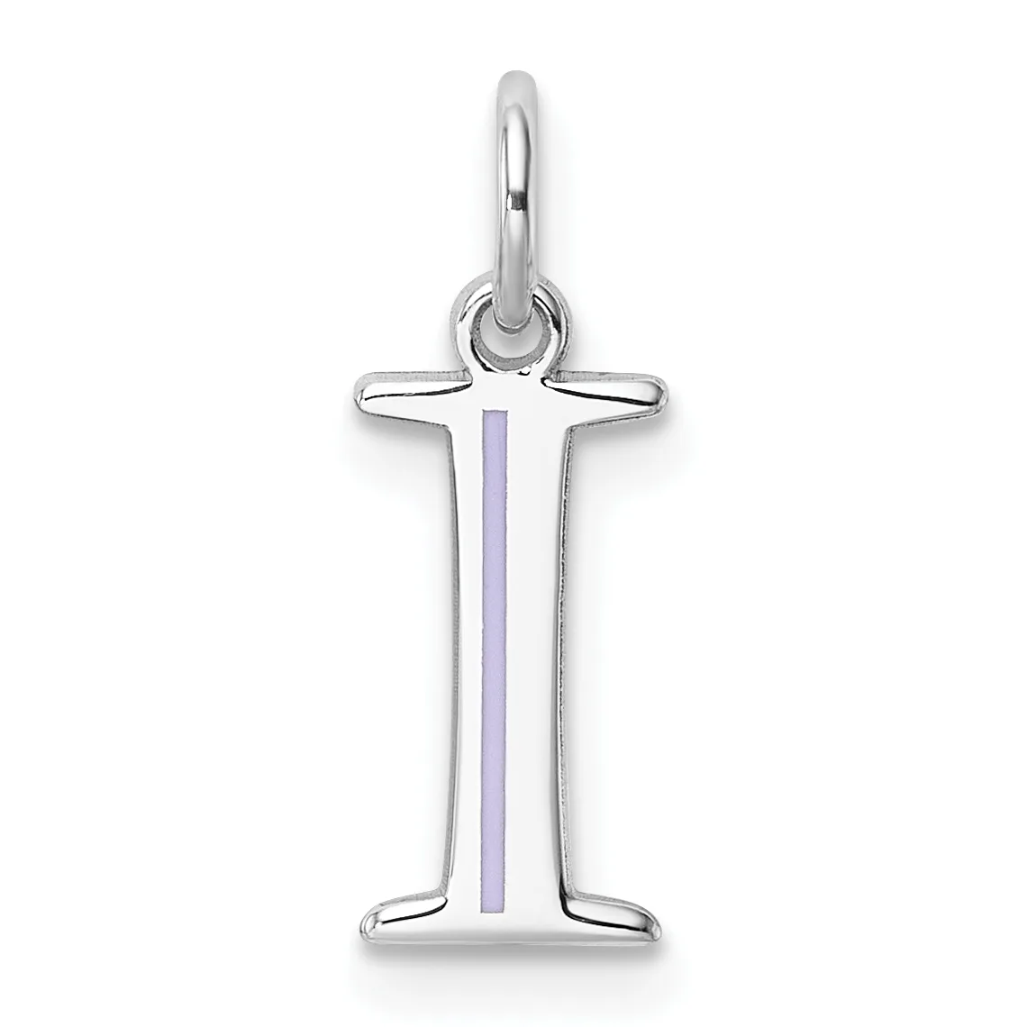 A sterling silver pendant shaped like the letter "I" with a light purple vertical stripe down the center, suspended from a small oval loop.