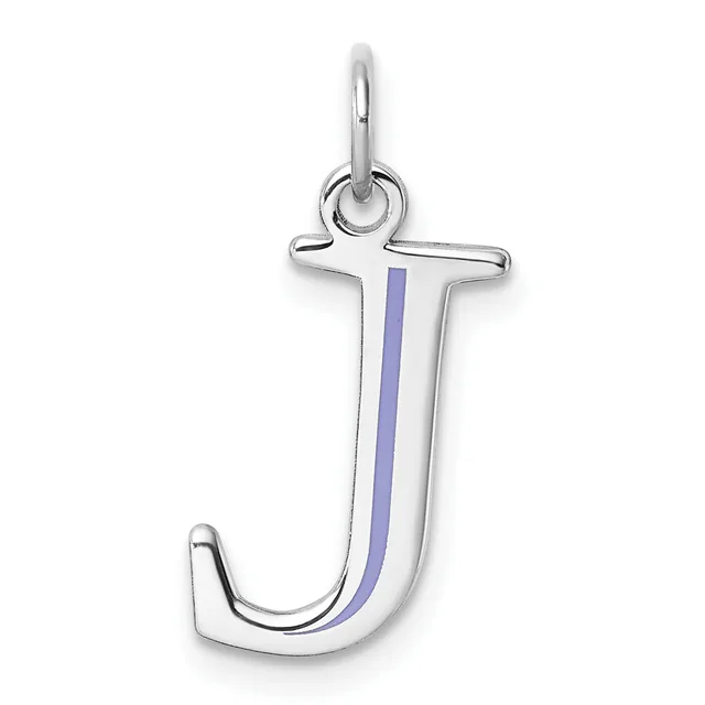 A silver pendant shaped like the letter J with a purple enamel stripe down the center, suspended from a silver loop bail.